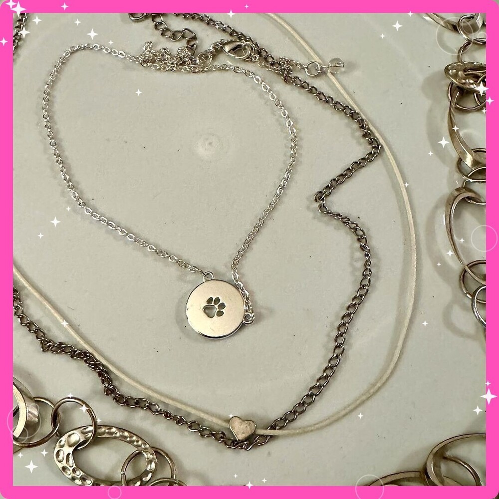 ⚜️ Jewelry Lot | Modern Silver-Tone Chains, Paw Print, Hearts | Make offer! 🩷